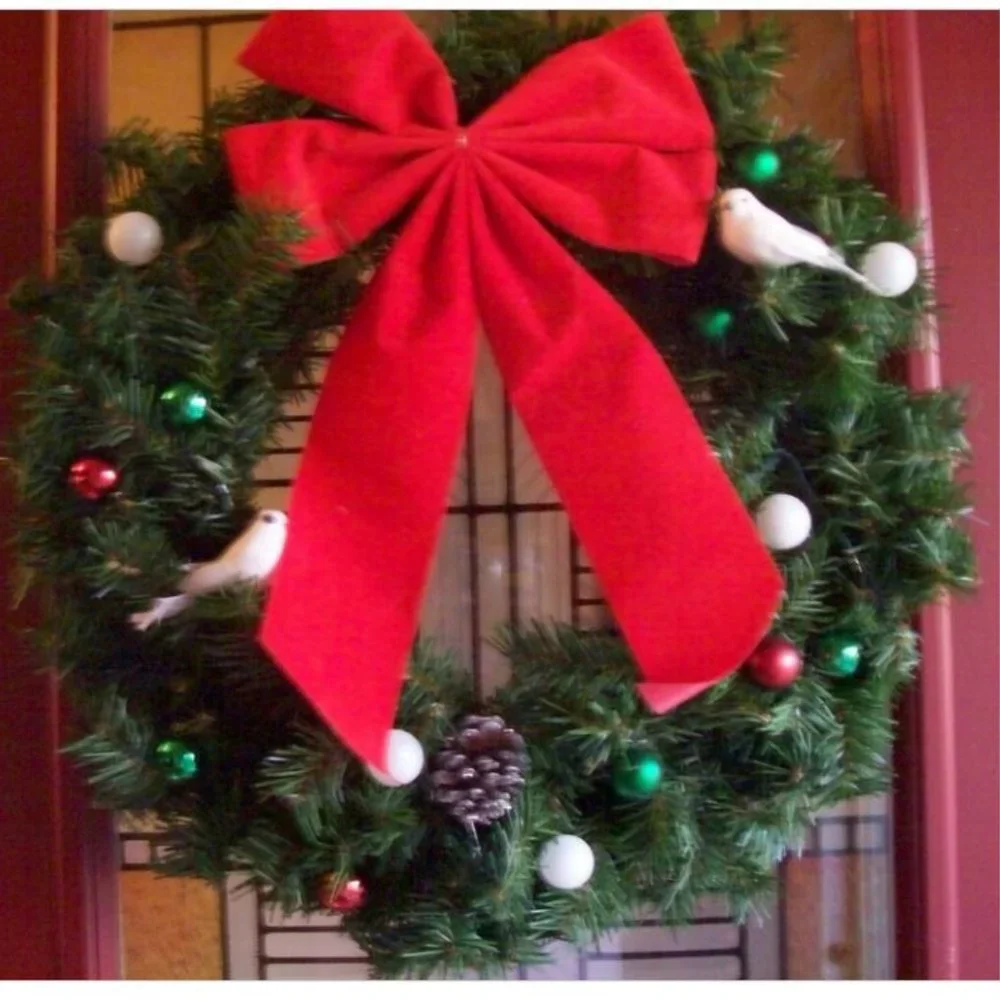 Lighted Holiday Wreath, Handmade, Traditional Greenery, Pine, Red, Green, White